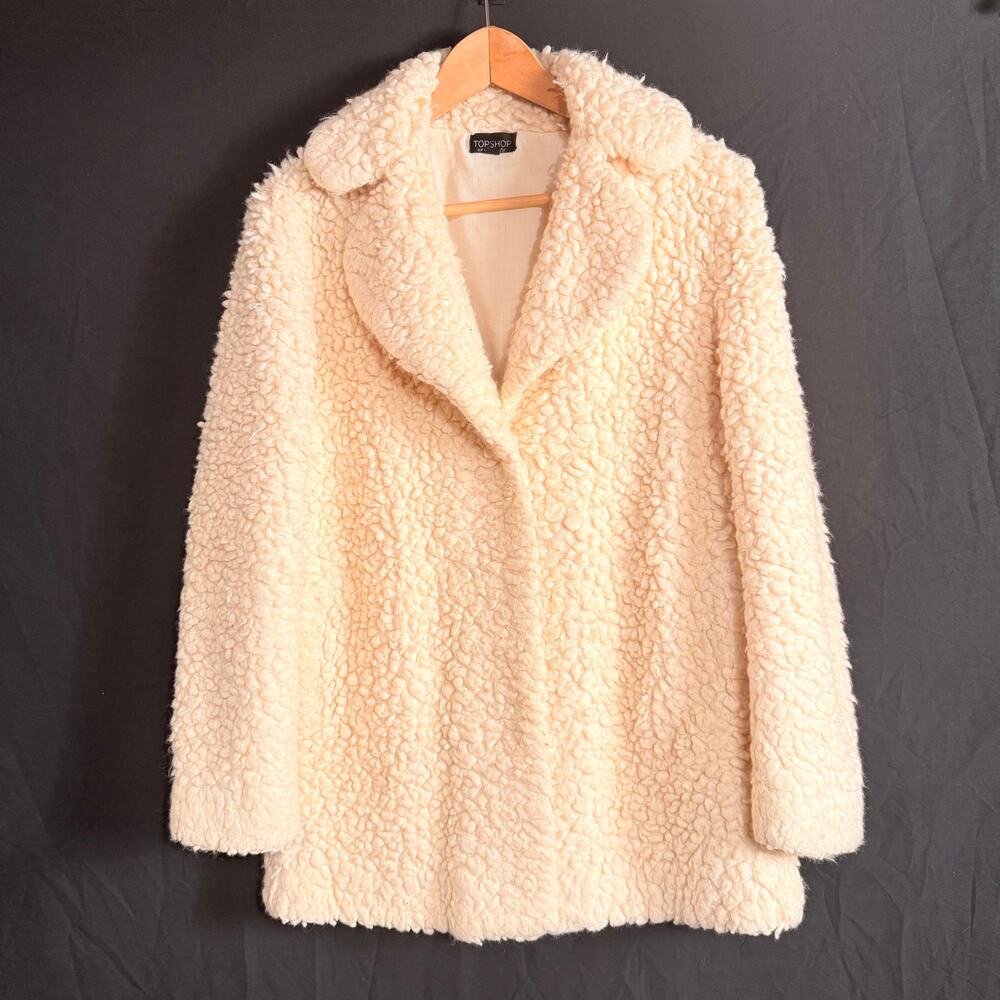 Topshop Cream Teddy Faux Fur Coat Notched Collar US 8 UK 12